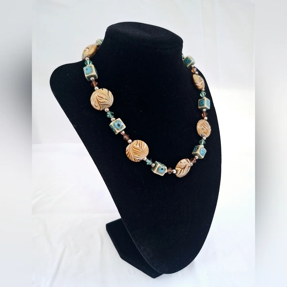 Vintage Orange Brown & Turquoise Color Art Glass & Sterling Silver Necklace